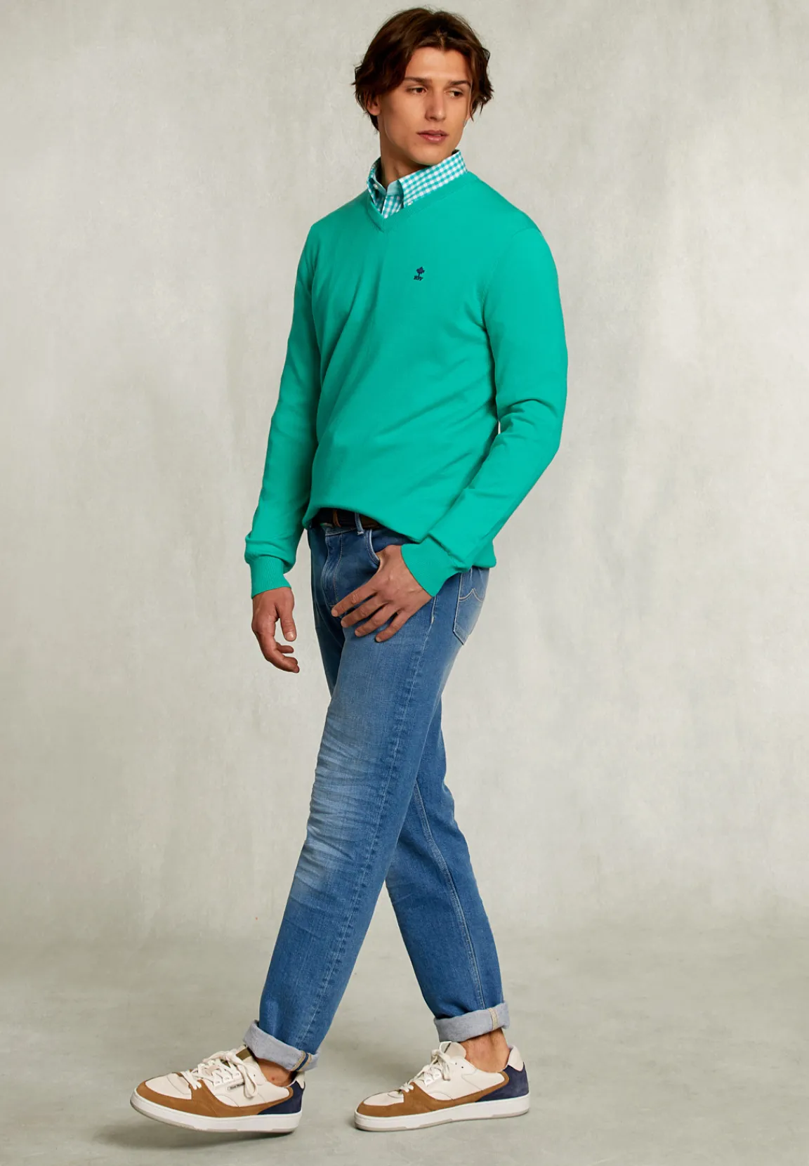 Outlet River Woods Normal fit basic katoenen V-hals trui moscow mule -