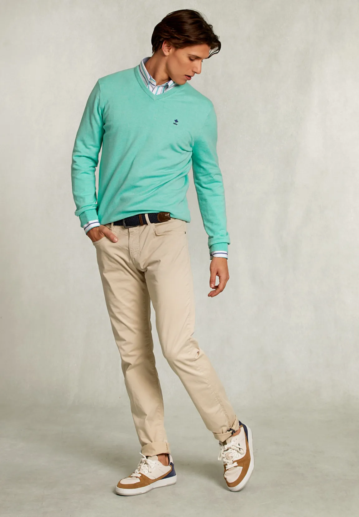 Clearance River Woods Normal fit basic katoenen V-hals trui gimlet mix -