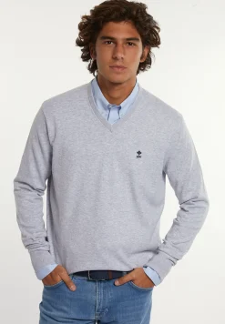 Fashion River Woods Normal fit katoenen basic V-hals trui lt grey mix -