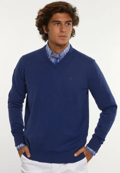 Hot River Woods Normal fit katoenen basic V-hals trui touareg blue mix -