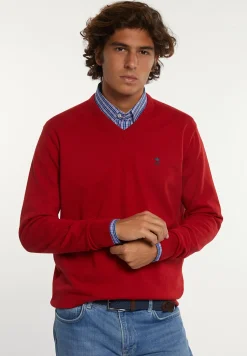 Clearance River Woods Normal fit katoenen basic V-hals trui poppy red mix -