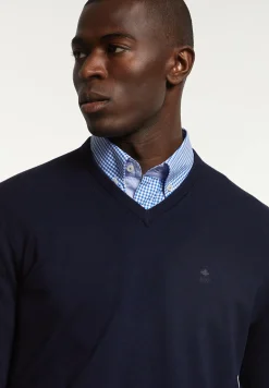 Clearance River Woods Normal fit katoenen basic V-hals trui navy -
