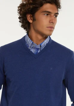 Hot River Woods Normal fit katoenen basic V-hals trui touareg blue mix -