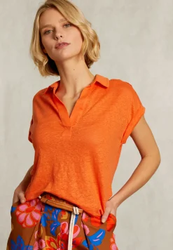 Online River Woods Oranje linnen V-hals T-shirt korte mouwen -