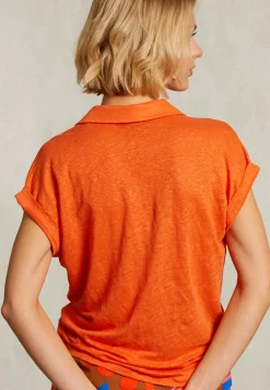 Online River Woods Oranje linnen V-hals T-shirt korte mouwen -