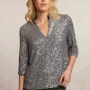Hot River Woods Pailletten V-hals blouse 3/4 mouwen zilver -