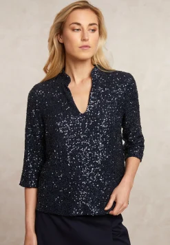 Best River Woods Pailletten V-hals blouse 3/4 mouwen navy -