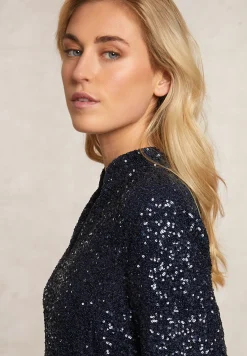 Best River Woods Pailletten V-hals blouse 3/4 mouwen navy -