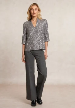 Hot River Woods Pailletten V-hals blouse 3/4 mouwen zilver -
