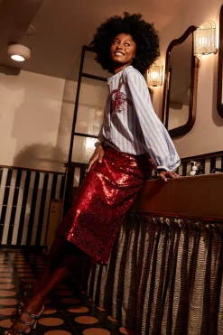 Fashion River Woods Rechte midirok met pailletten rood -