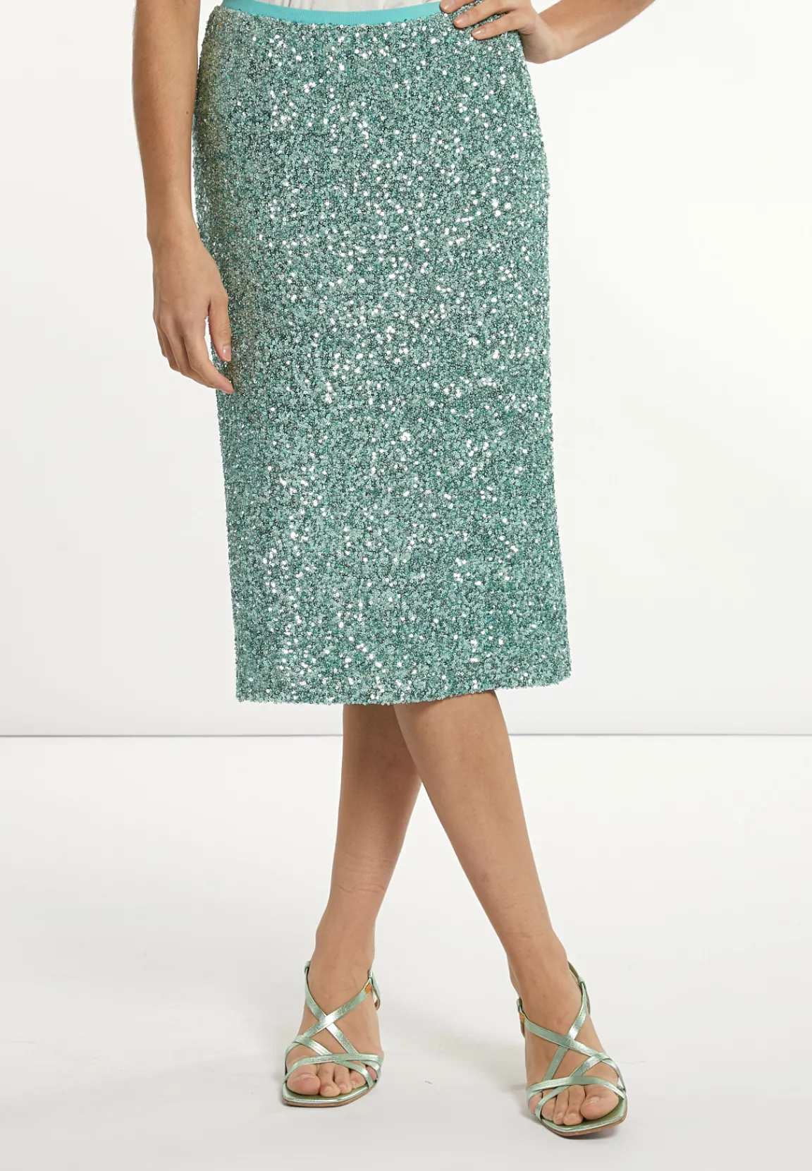 Fashion River Woods Rechte midirok met pailletten mintgroen -