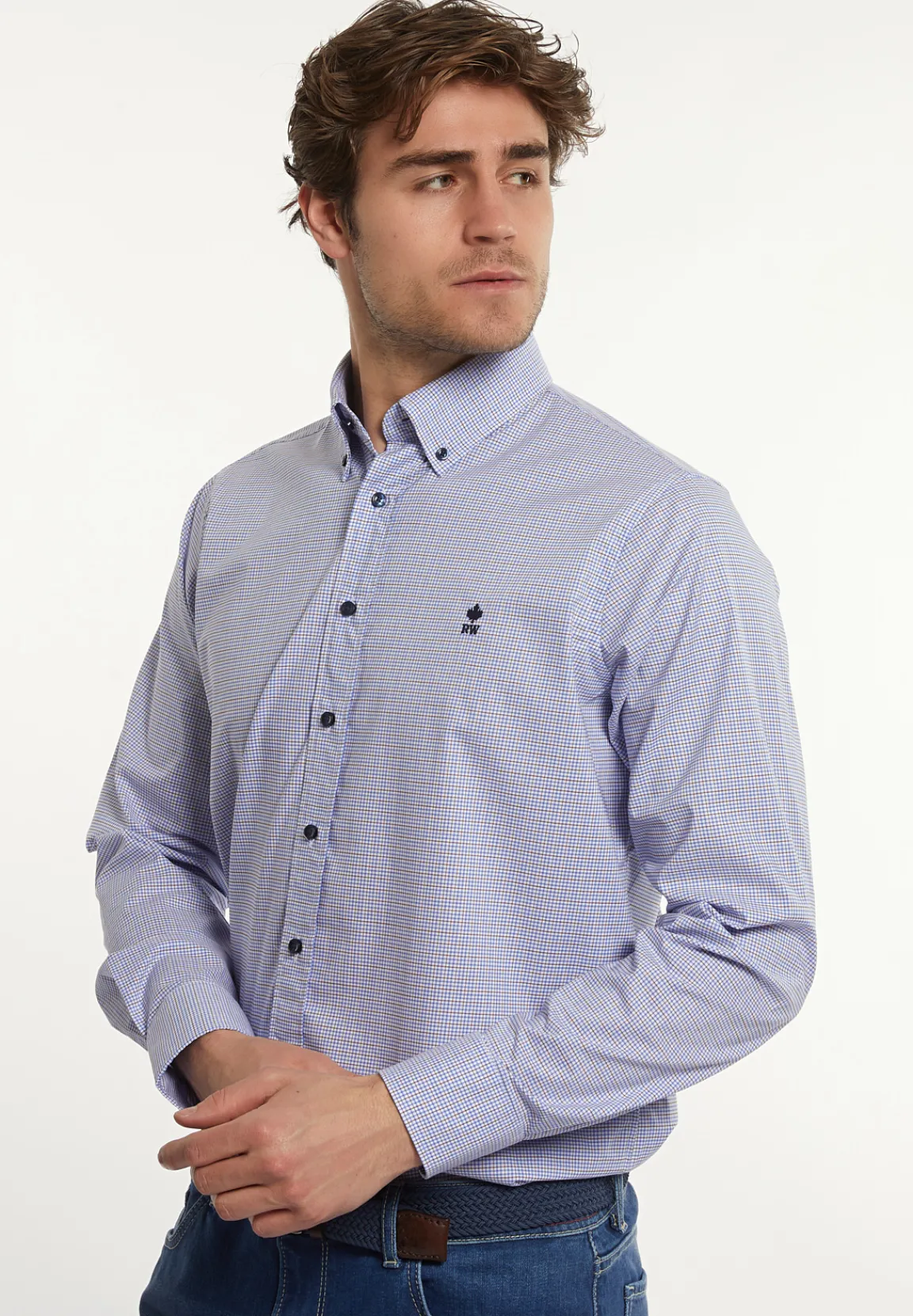 Clearance River Woods Regular fit comfort stretch hemd blauw/bruin -