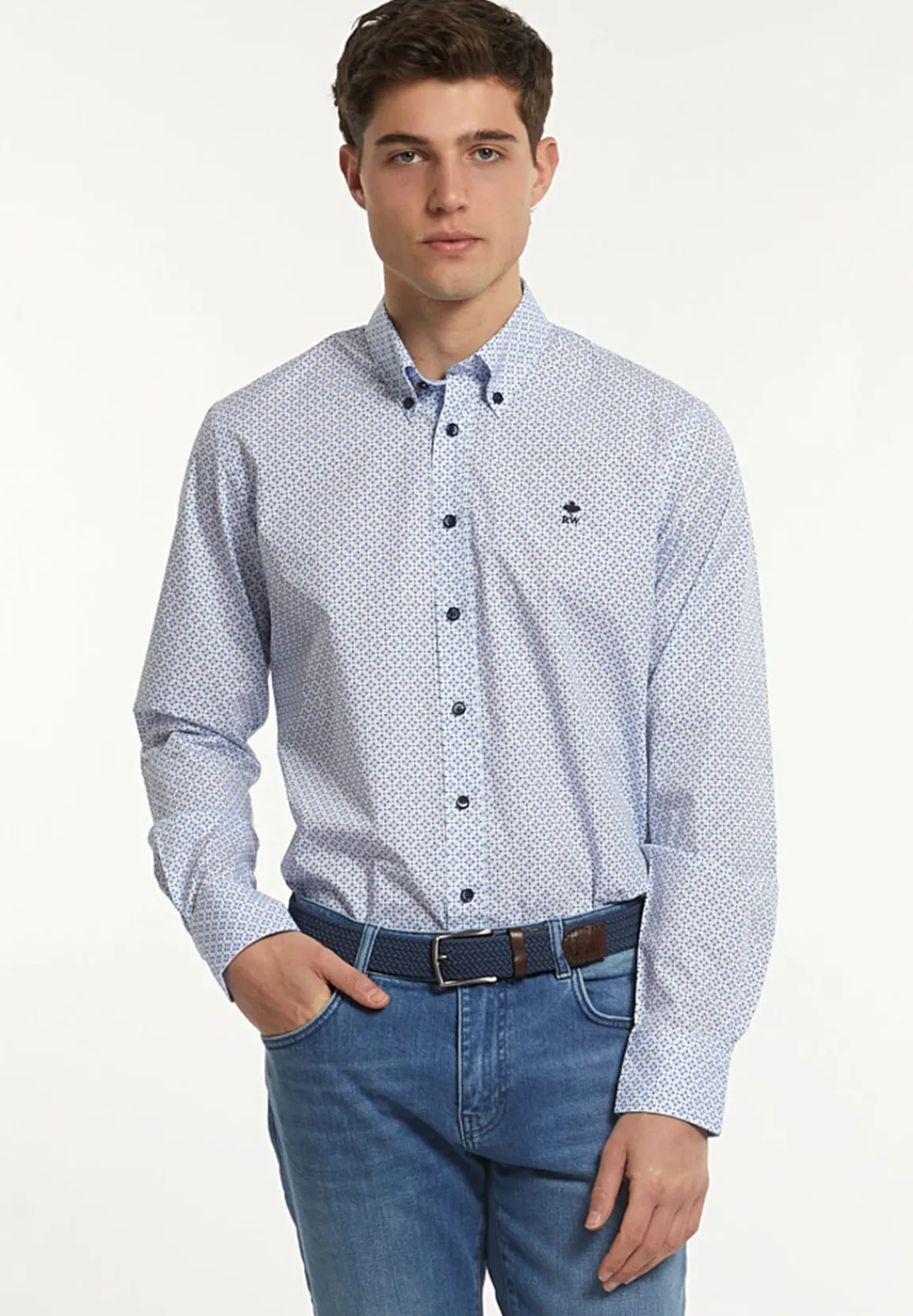 Sale River Woods Regular fit katoenen fantasiehemd blauw/wit -