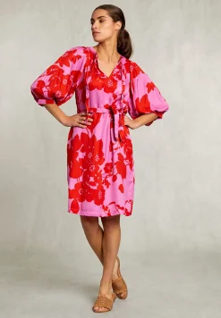 Best River Woods Rood/roze V-hals jurk 3/4 mouwen -