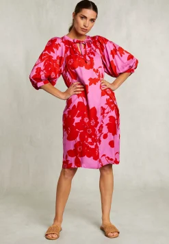 Best River Woods Rood/roze V-hals jurk 3/4 mouwen -