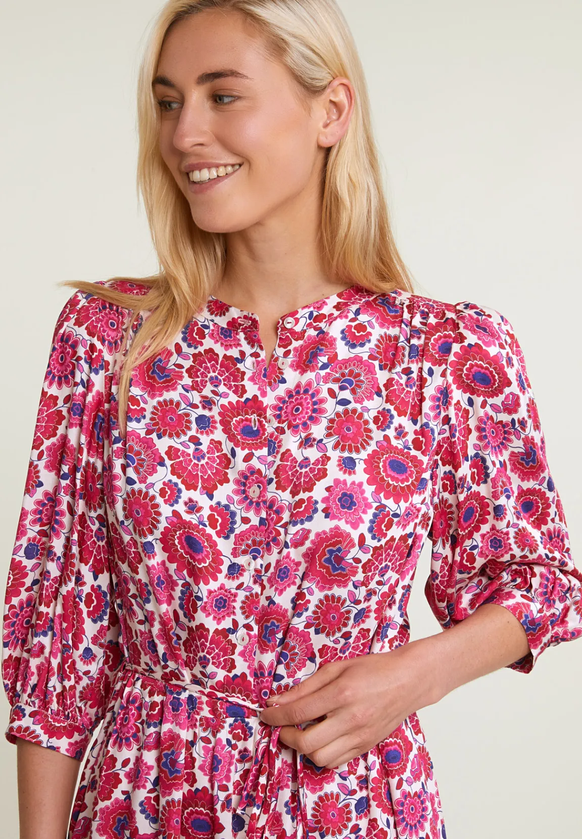 Discount River Woods Roze/blauw gebloemde jurk 3/4 mouwen -