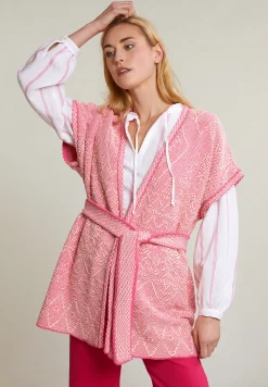 Fashion River Woods Roze/witte mouwloze kimono met riem -