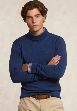 Online River Woods Slim fit basic merinotrui opstaande kraag denim blue mix -