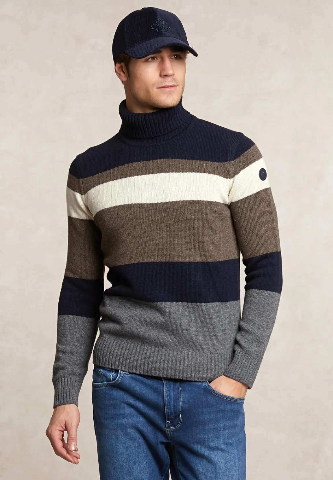Outlet River Woods Slim fit fancy gestreepte zuivere scheerwol rolkraagtrui navy/hazel mix -