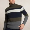 New River Woods Slim fit fancy gestreepte zuivere scheerwol rolkraagtrui olive mix -