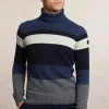 Hot River Woods Slim fit fancy gestreepte zuivere scheerwol rolkraagtrui dk denim blue mix -