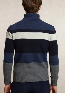 Hot River Woods Slim fit fancy gestreepte zuivere scheerwol rolkraagtrui dk denim blue mix -