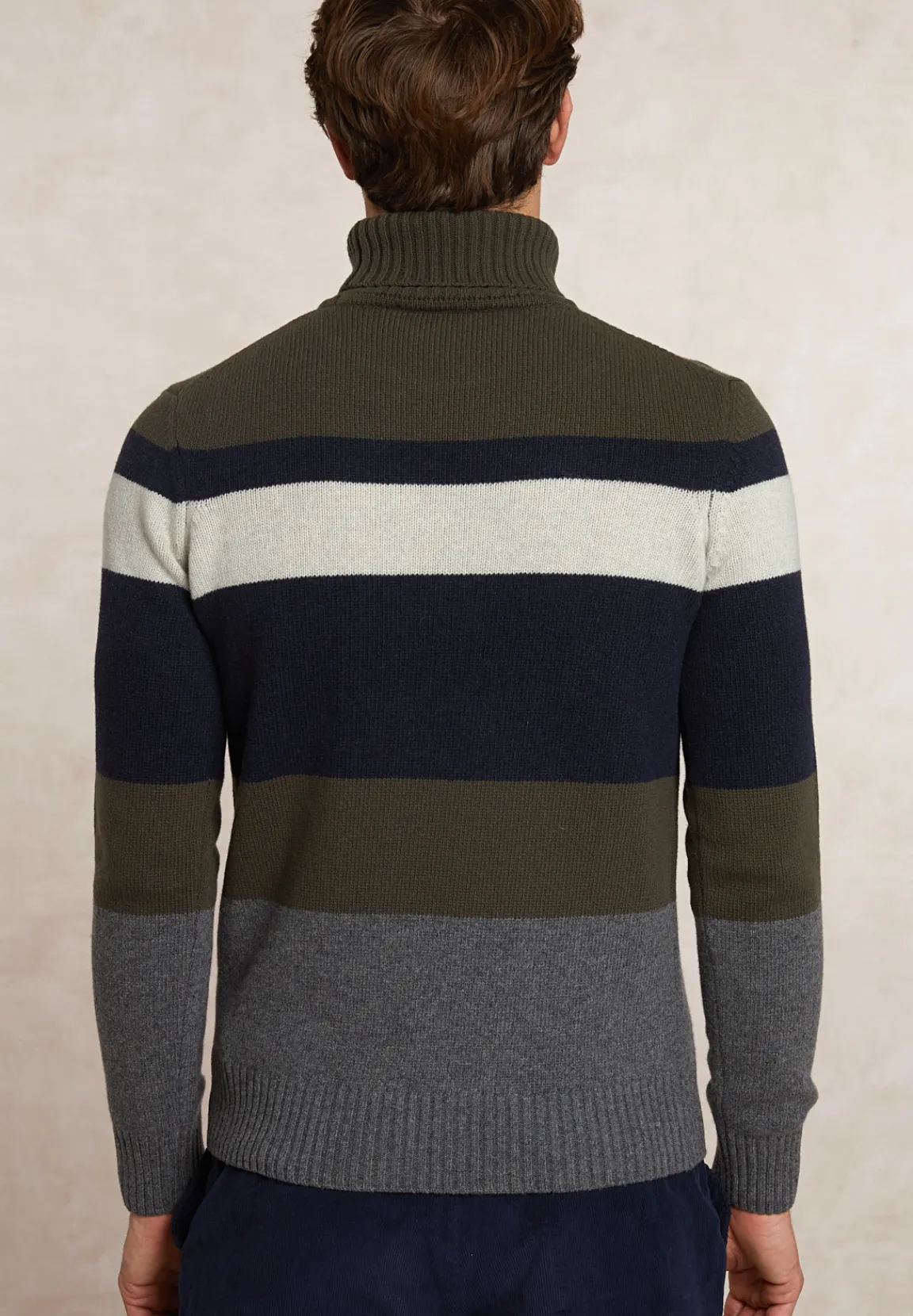New River Woods Slim fit fancy gestreepte zuivere scheerwol rolkraagtrui olive mix -