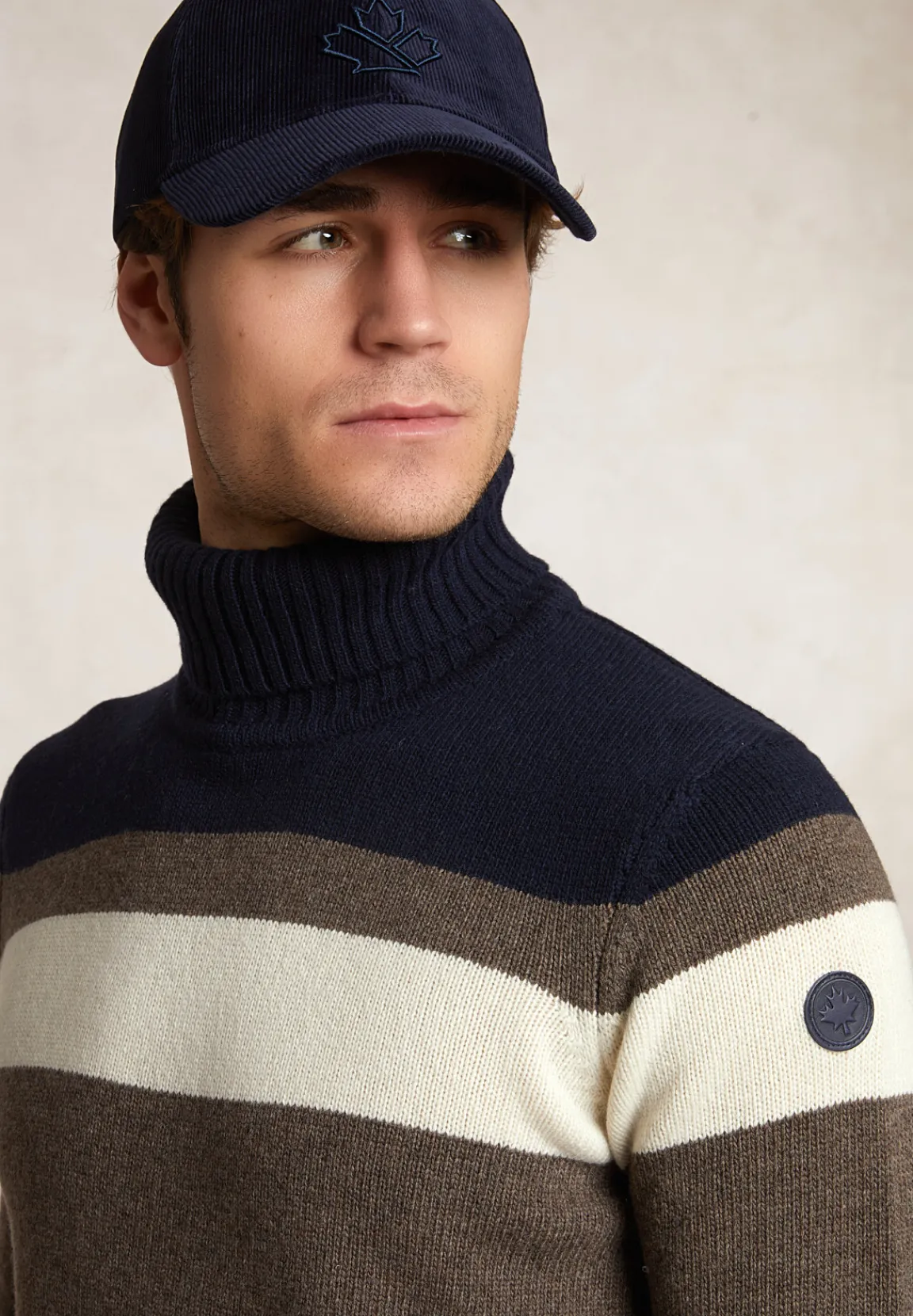 Outlet River Woods Slim fit fancy gestreepte zuivere scheerwol rolkraagtrui navy/hazel mix -