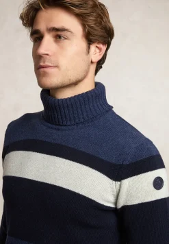 Hot River Woods Slim fit fancy gestreepte zuivere scheerwol rolkraagtrui dk denim blue mix -