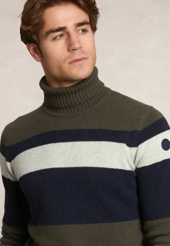 New River Woods Slim fit fancy gestreepte zuivere scheerwol rolkraagtrui olive mix -
