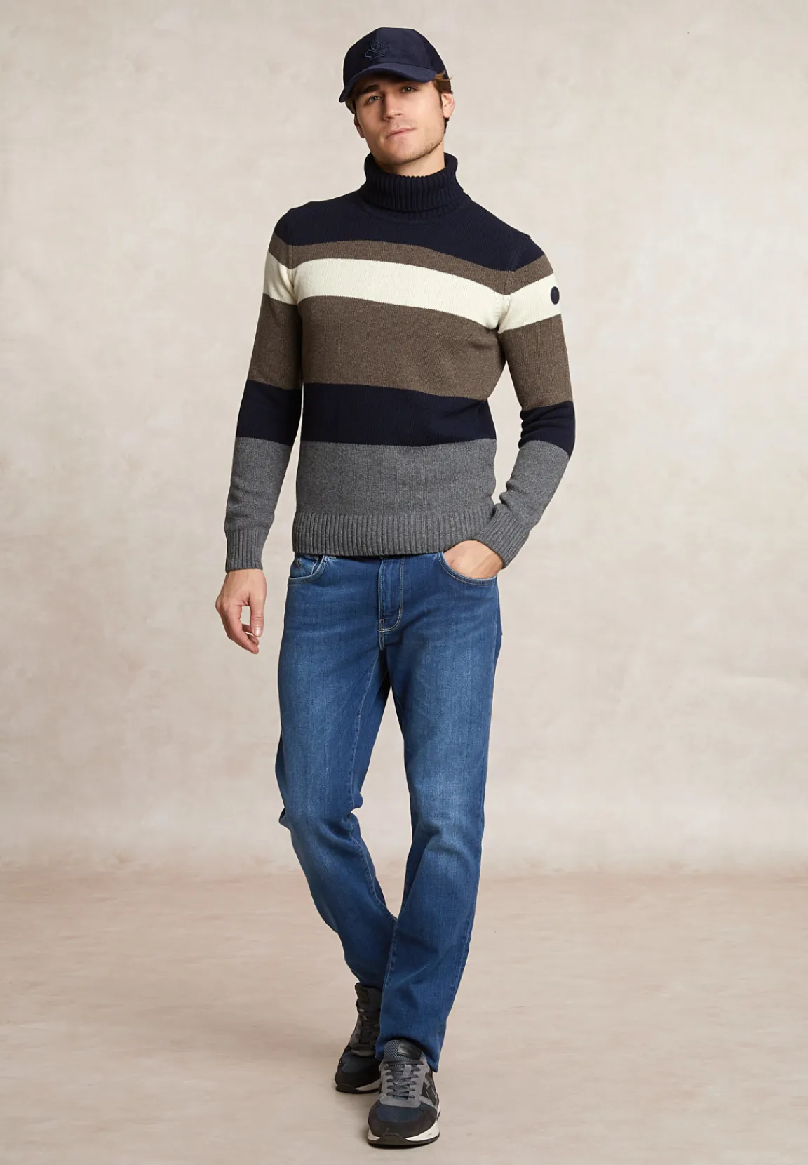 Outlet River Woods Slim fit fancy gestreepte zuivere scheerwol rolkraagtrui navy/hazel mix -