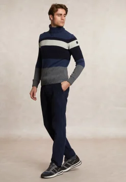Hot River Woods Slim fit fancy gestreepte zuivere scheerwol rolkraagtrui dk denim blue mix -
