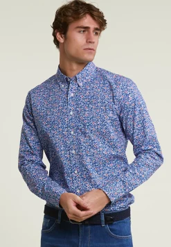 Outlet River Woods Slim fit gebloemd hemd blauw/rood -