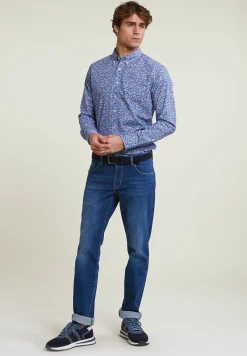 Outlet River Woods Slim fit gebloemd hemd blauw/rood -