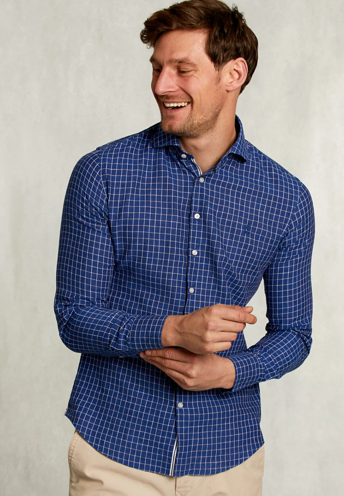 Best River Woods Slim fit geruit linnen hemd blauw/wit -
