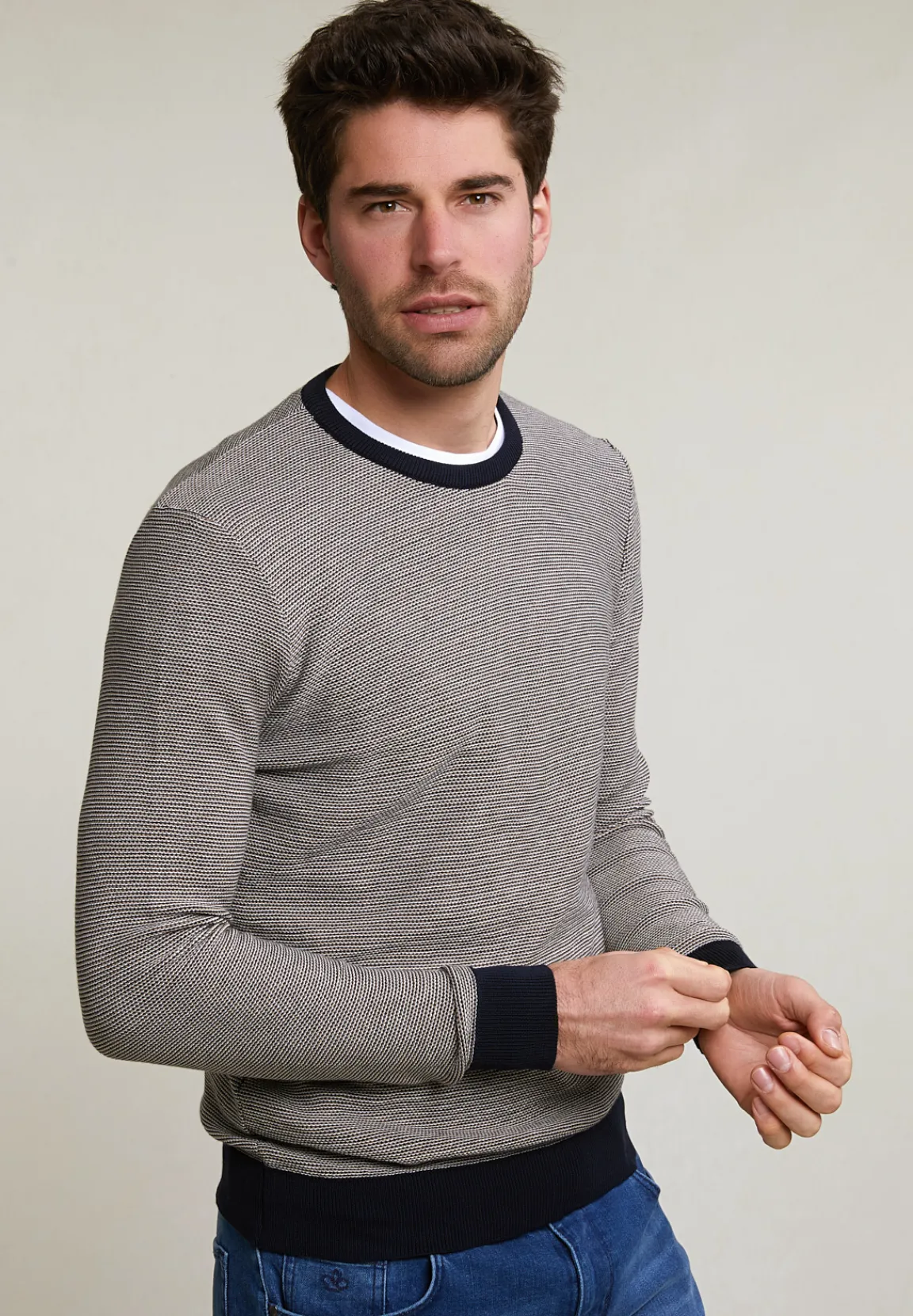New River Woods Slim fit gestipte pima katoen trui ronde hals navy -
