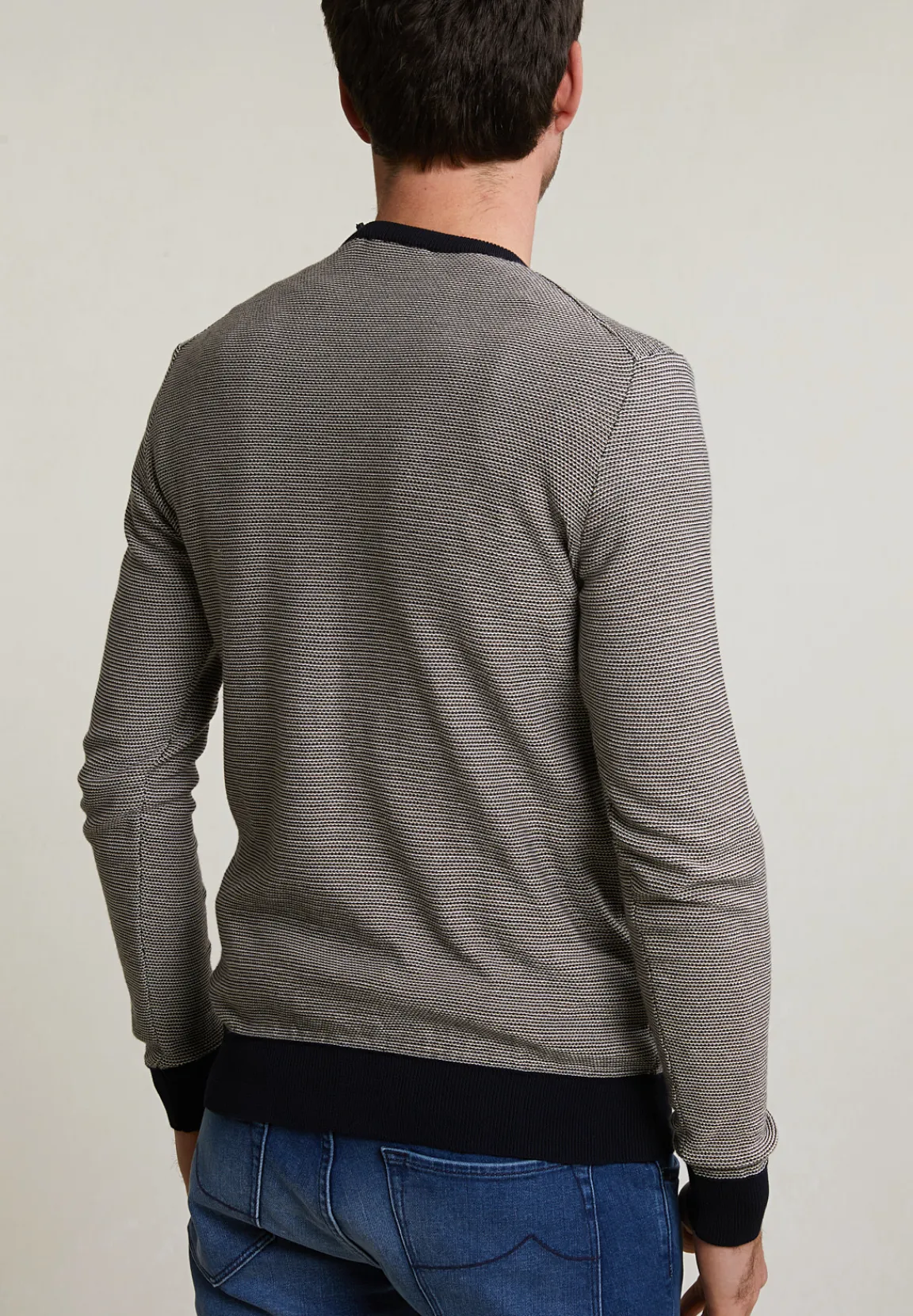 New River Woods Slim fit gestipte pima katoen trui ronde hals navy -