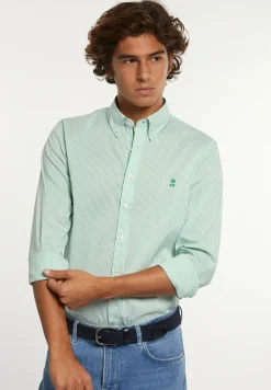 Best River Woods Slim fit gestreept comfort stretch hemd groen/wit -