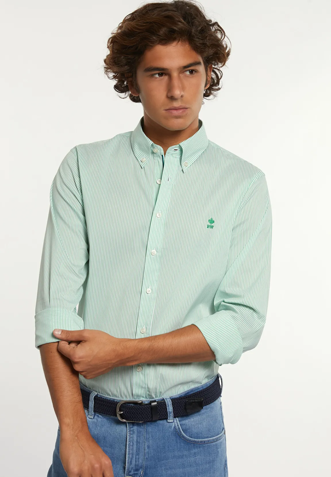 Best River Woods Slim fit gestreept comfort stretch hemd groen/wit -