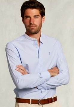 Best River Woods Slim fit gestreept hemd henley kraag blauw/wit -
