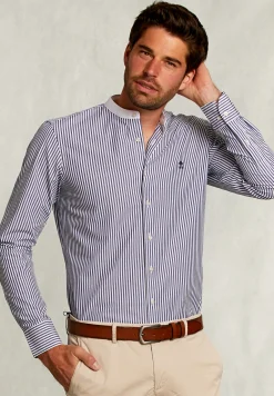 Clearance River Woods Slim fit gestreept hemd henley kraag blauw/wit -