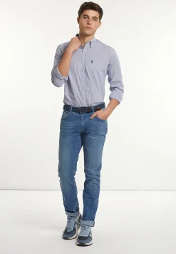 Best River Woods Slim fit gestreept performance stretch hemd blauw/wit -