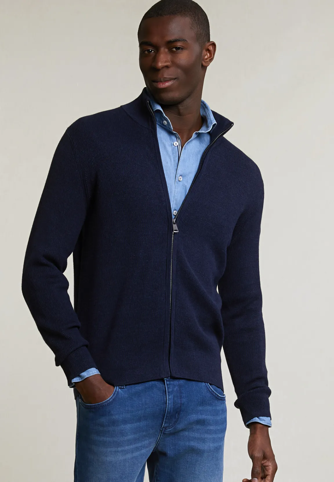 Clearance River Woods Slim fit katoenen cardigan opstaande kraag navy mix -
