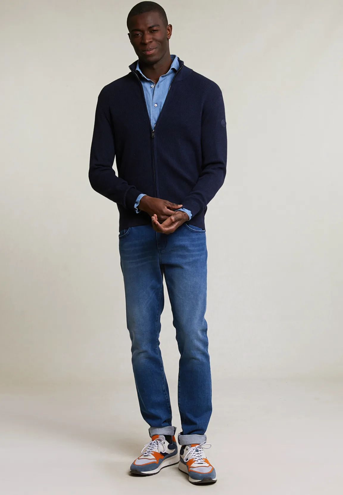 Clearance River Woods Slim fit katoenen cardigan opstaande kraag navy mix -