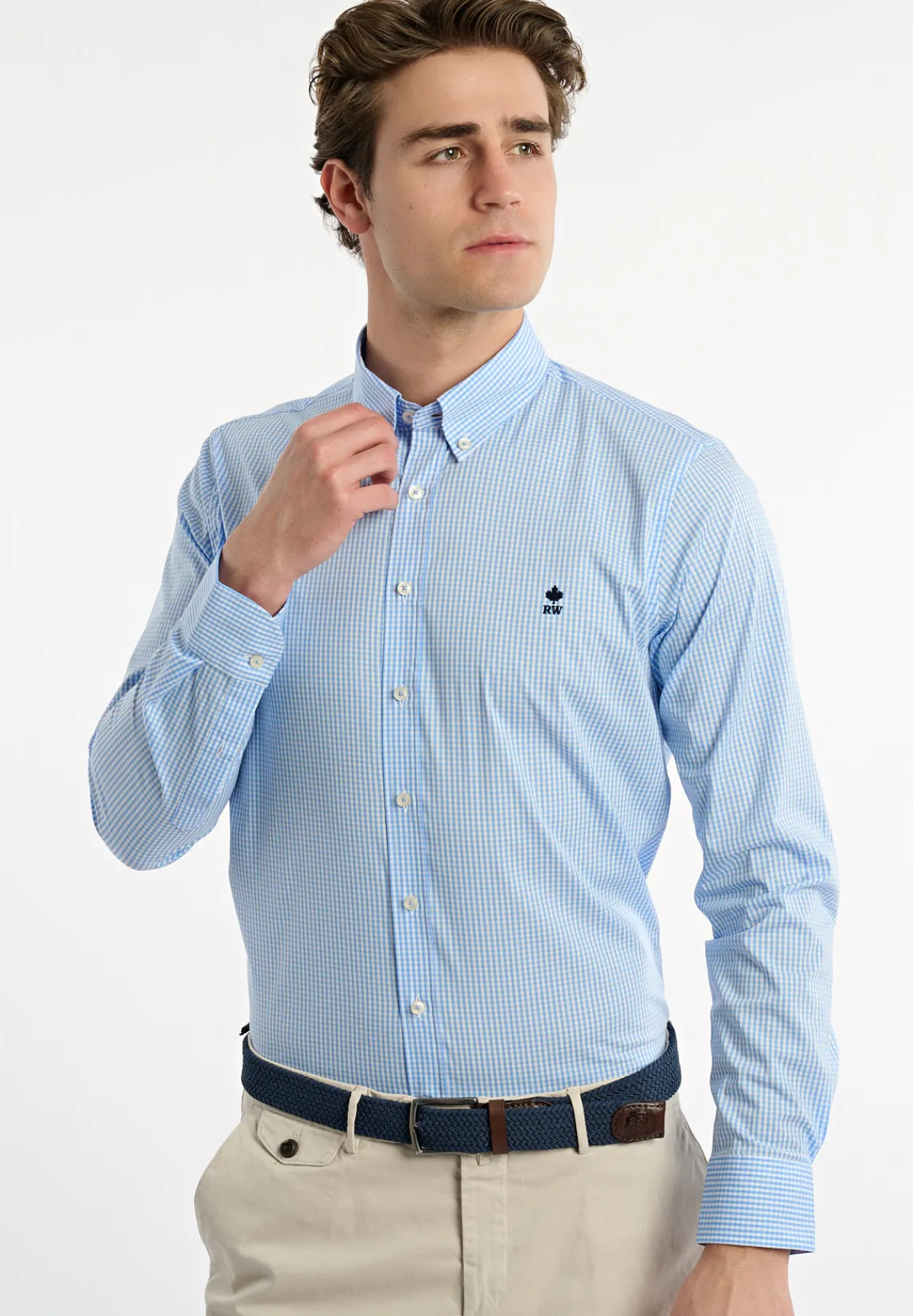 New River Woods Slim fit katoenen geruit performance stretch hemd blauw/wit -