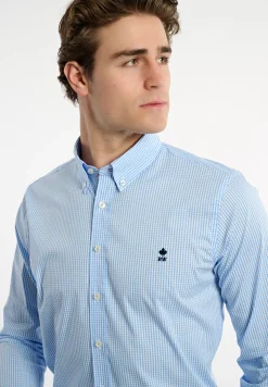 New River Woods Slim fit katoenen geruit performance stretch hemd blauw/wit -