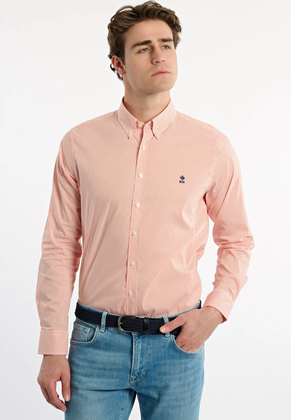 Sale River Woods Slim fit katoenen gestreept comfort stretch hemd oranje/wit -