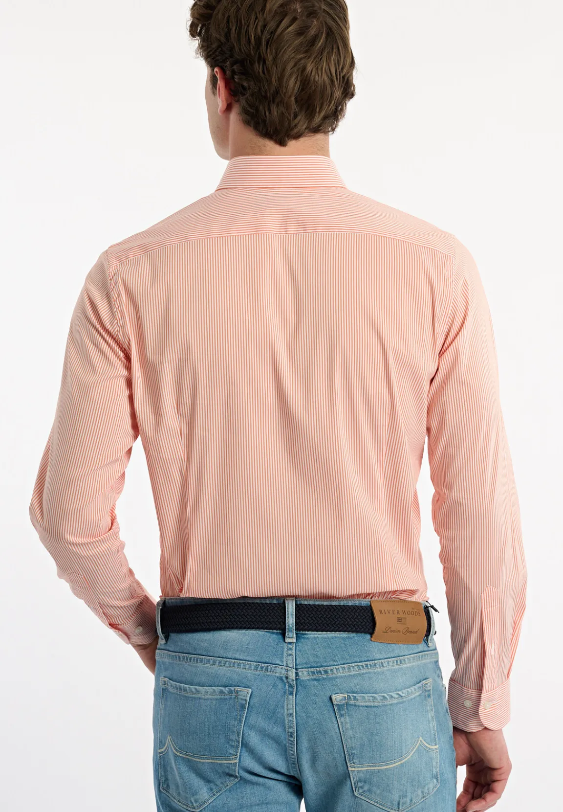 Sale River Woods Slim fit katoenen gestreept comfort stretch hemd oranje/wit -