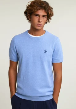 Hot River Woods Slim fit katoenen trui ronde hals korte mouwen chambray mix -