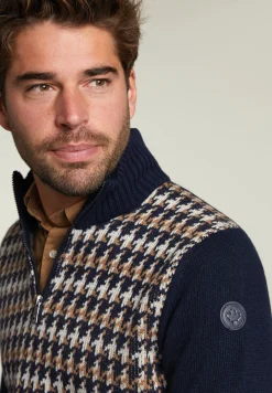 New River Woods Slim fit wollen trui navy/caramel mix -